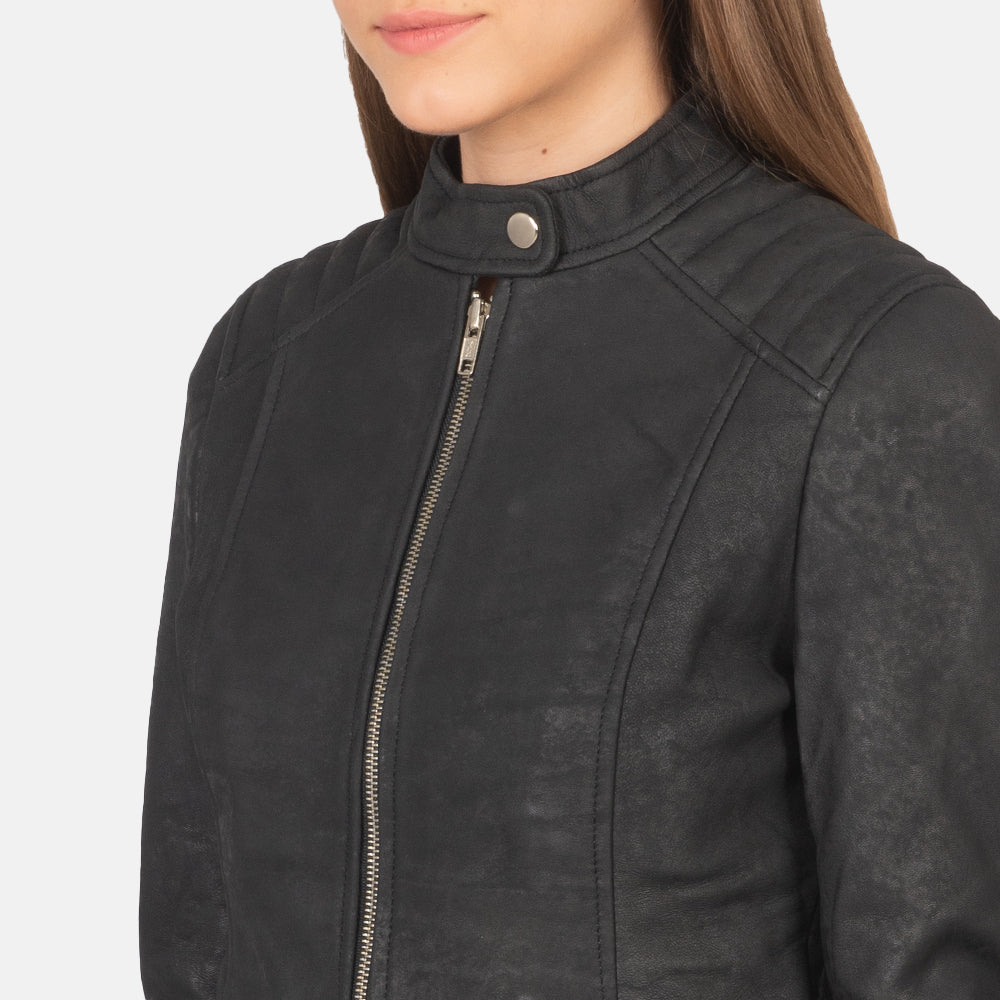 Kelsee Distressed Black Leather Biker Jacket SH593