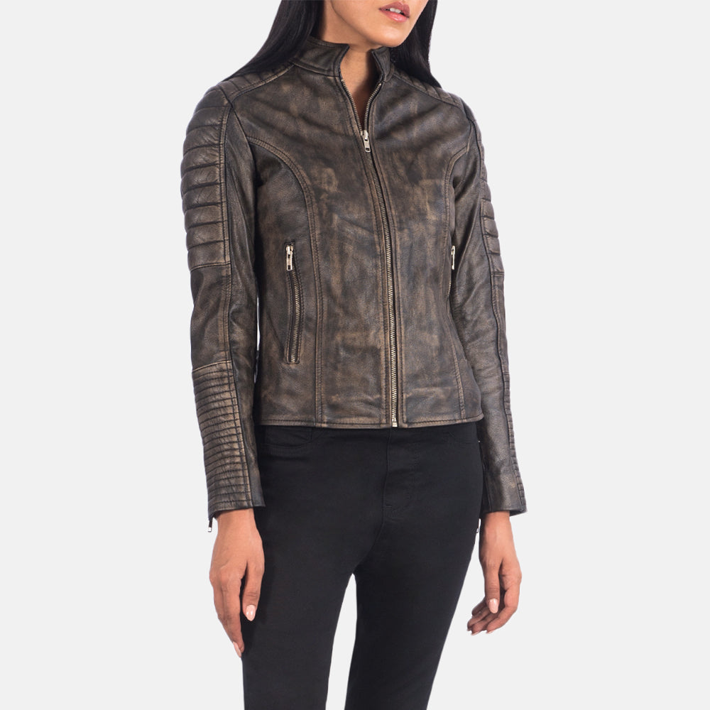 Adalyn Quilted Distressed Brown Leather Biker Jacket SH652