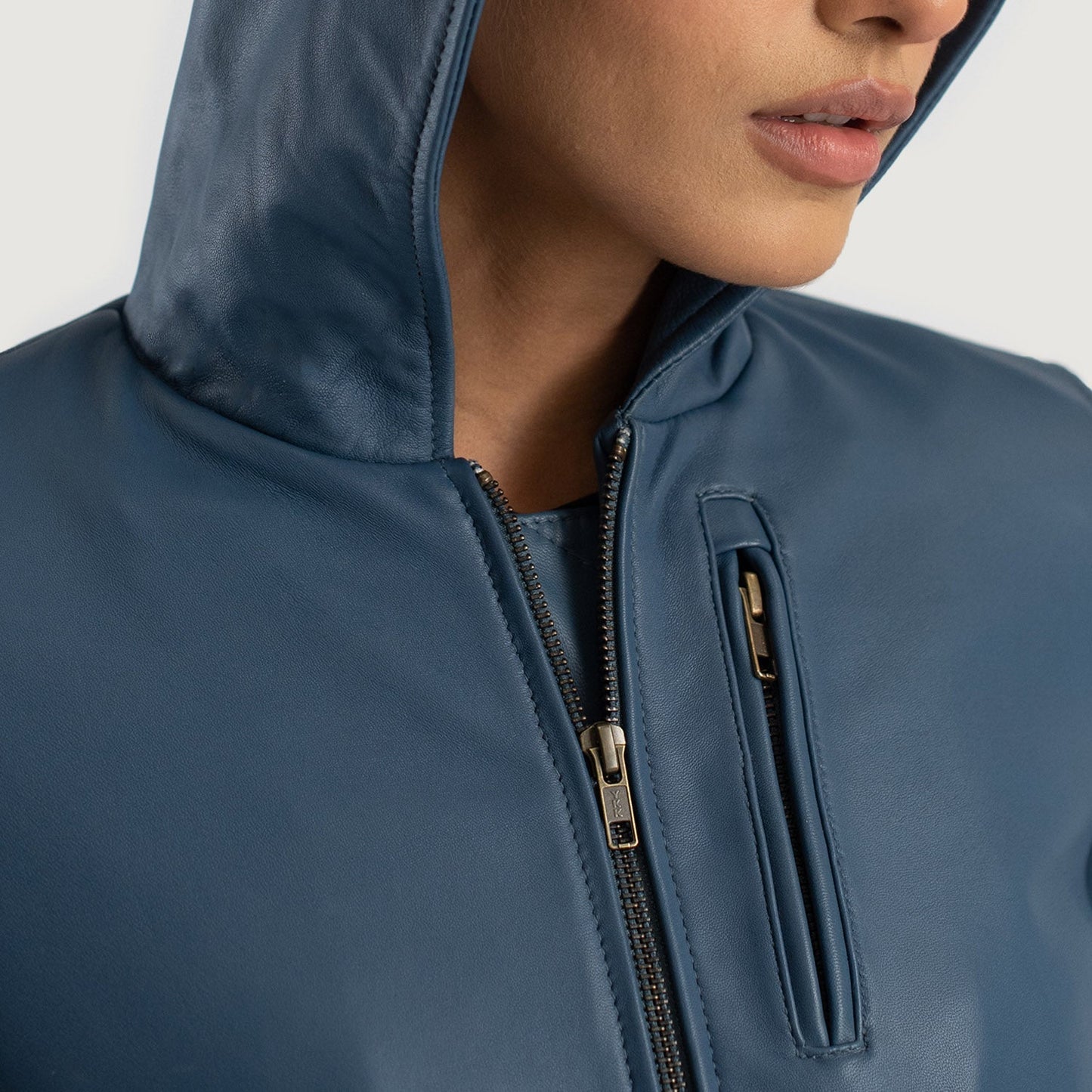 Luna Blue Hooded Leather Bomber Jacket SH585