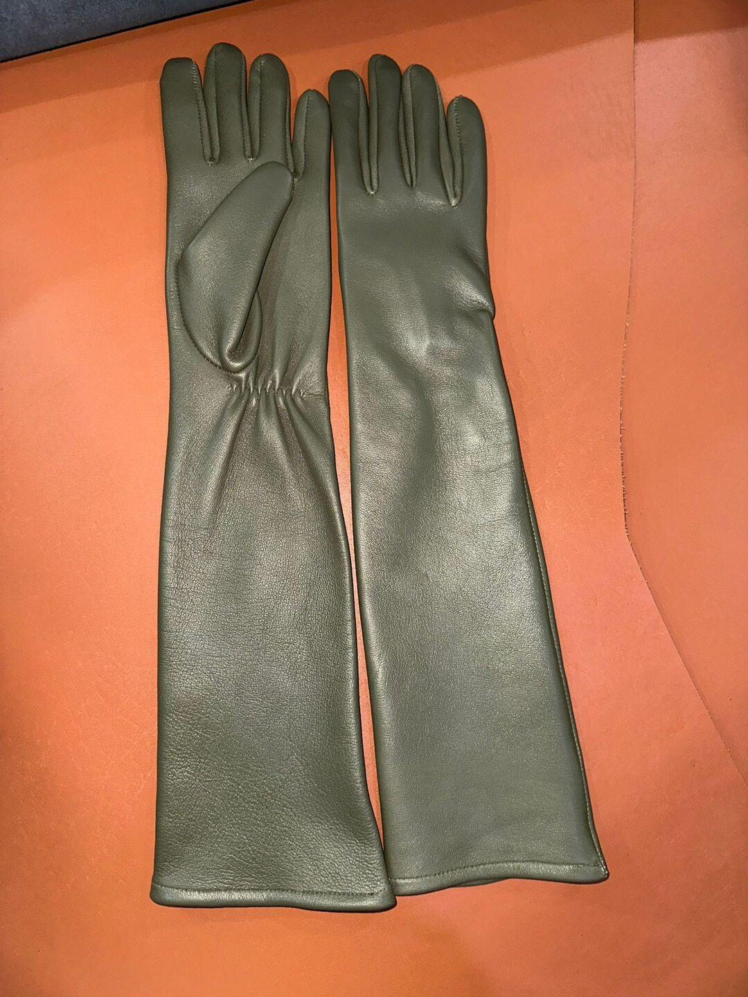 Olive green long leather gloves elegant