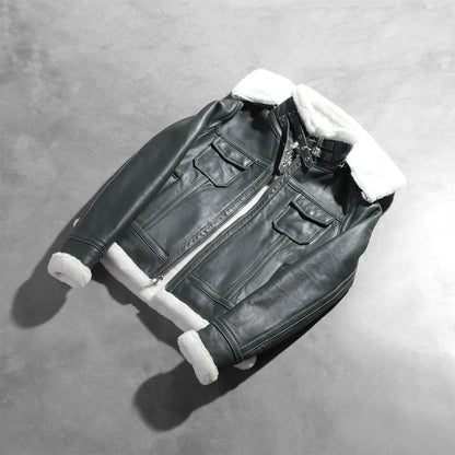 Fiona Green Hooded Shearling Leather Jacket SH605