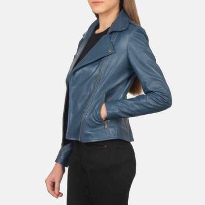 Flashback Blue Leather Biker Jacket SH601