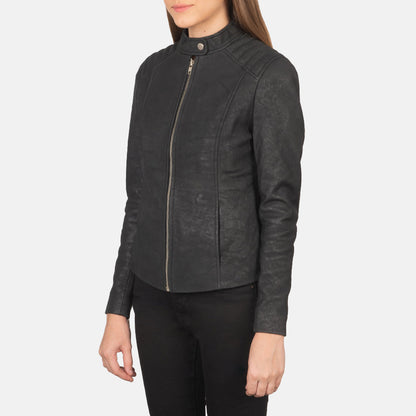 Kelsee Distressed Black Leather Biker Jacket SH593