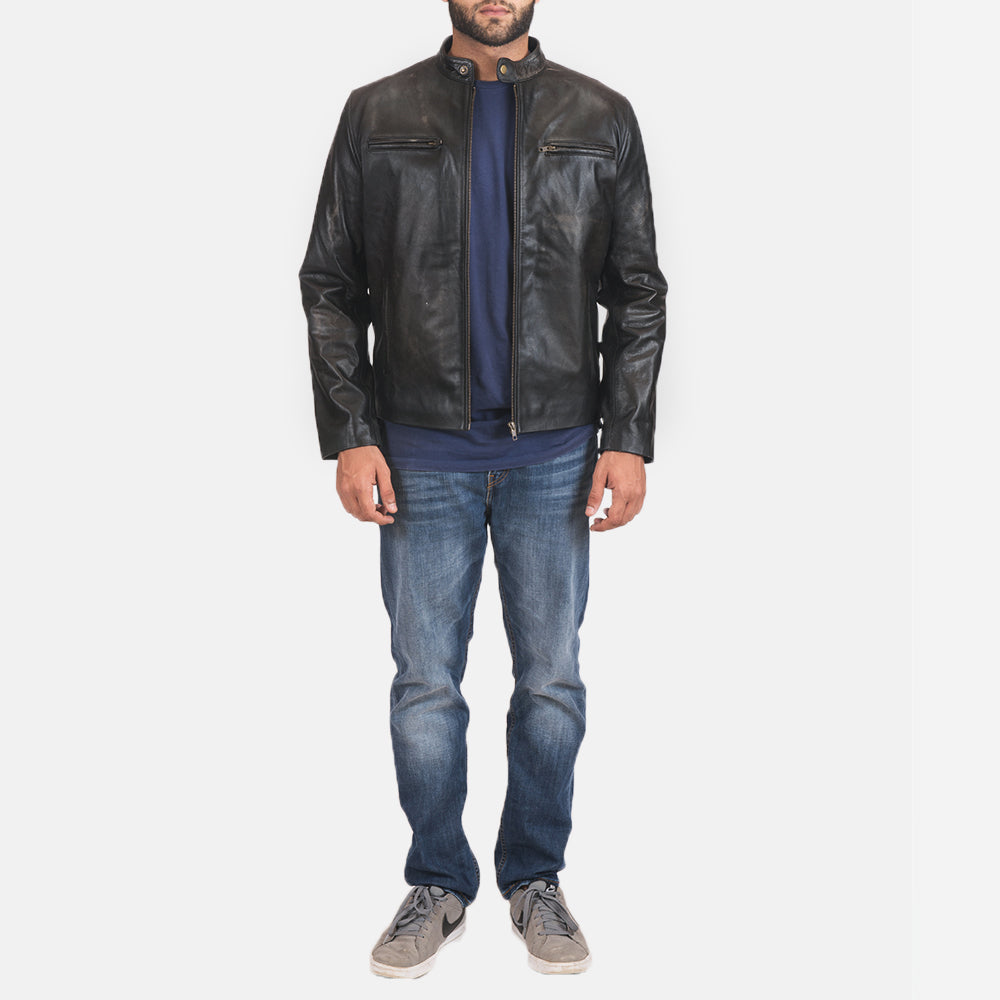 Rustic Black Leather Biker Jacket SH100