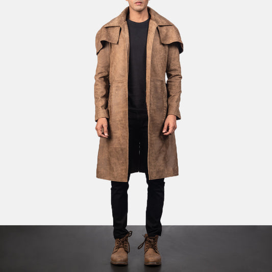 [FS] Men's Brown Cowhide Leather Duster Coat – Army Style