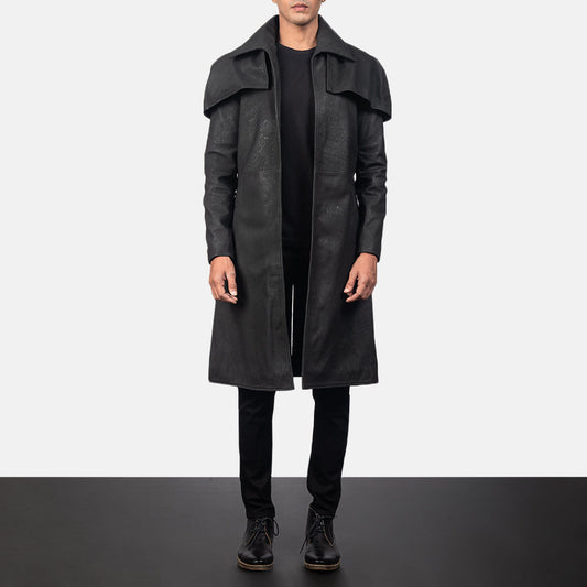 Men's Distressed Black Sheepskin Leather Duster Coat – Classic Style