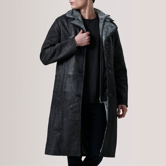 Men's Distressed Black Cowhide Shearling Leather Coat – Cai Style