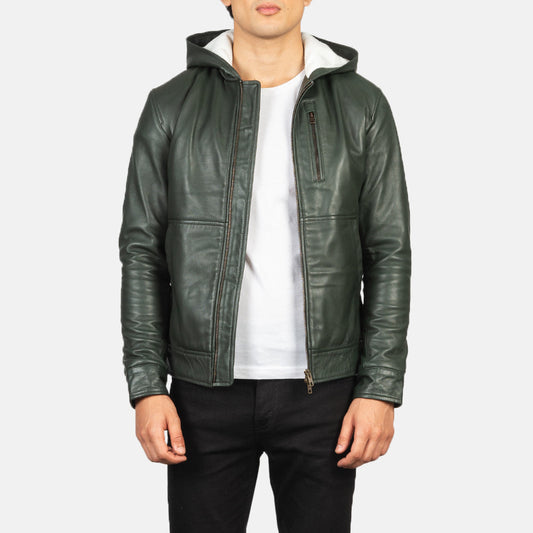 Men's Green Hooded Sheepskin Leather Bomber Jacket – Baston Style