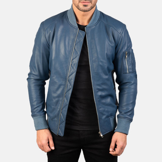 Men's Blue Sheepskin Leather MA-1 Bomber Jacket – Bomia Style