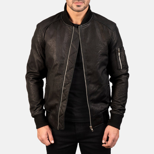 Men's Distressed Black Cowhide Leather MA-1 Bomber Jacket – Bomia Style
