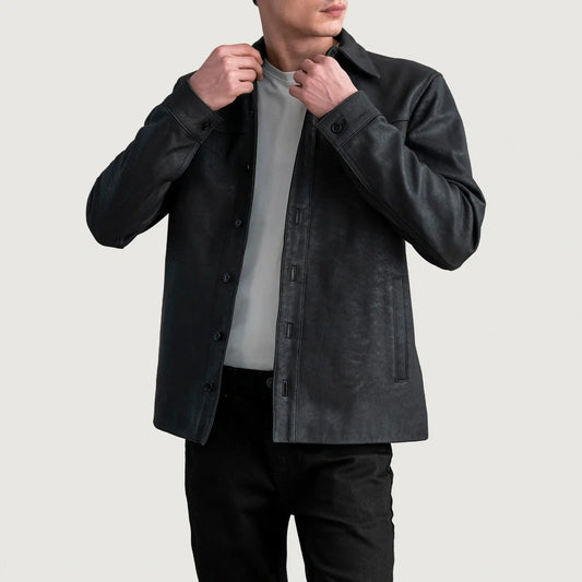 Men's Tumbled Black Leather Shirt Jacket – Bronco Overshirt