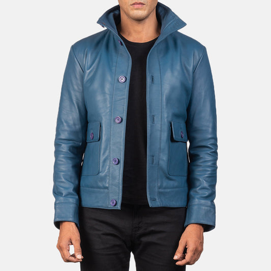 Men's Blue Sheepskin Leather Bomber Jacket – Columbus Edit