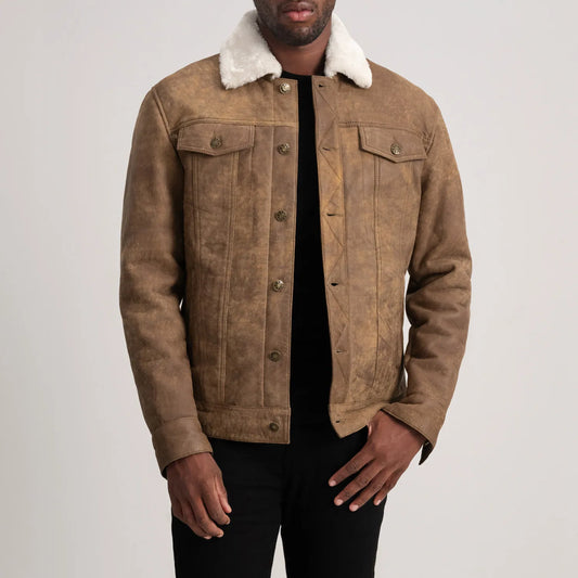 Men's Distressed Brown Shearling Leather Trucker Jacket – Dallis Style