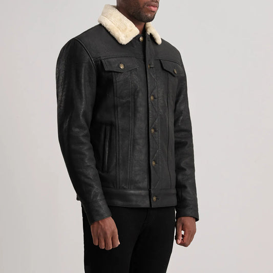 Men's Black Shearling Leather Trucker Jacket – Dallis Distressed Biker Style