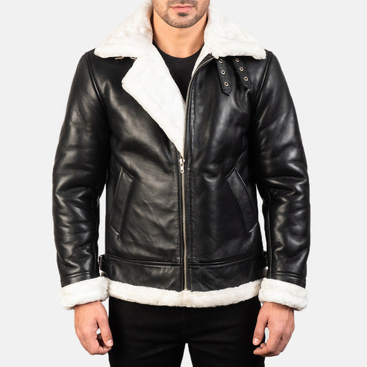 Men's Black & White Sheepskin Leather B-3 Bomber Jacket – Francis Style