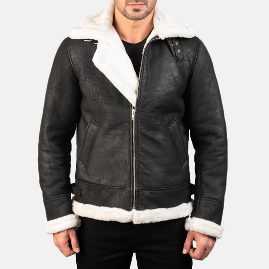 Men's Distressed Black Sheepskin Leather B-3 Bomber Jacket – Francis Style