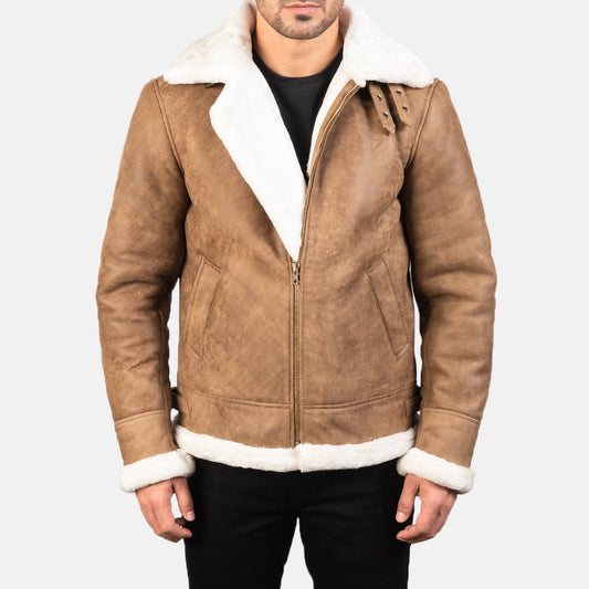 Men's Distressed Brown Sheepskin Leather B-3 Bomber Jacket – Francis Style