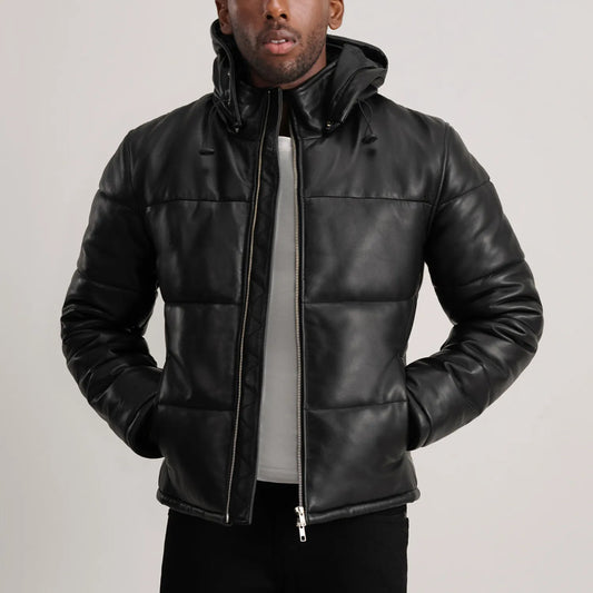 Men's Black Hooded Cowhide Leather Puffer Jacket – Gordon Style