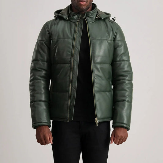 Men's Green Hooded Cowhide Leather Puffer Jacket – Gordon Style