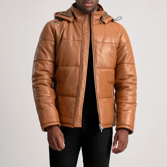 Men's Tan Hooded Cowhide Leather Puffer Jacket – Gordon Style
