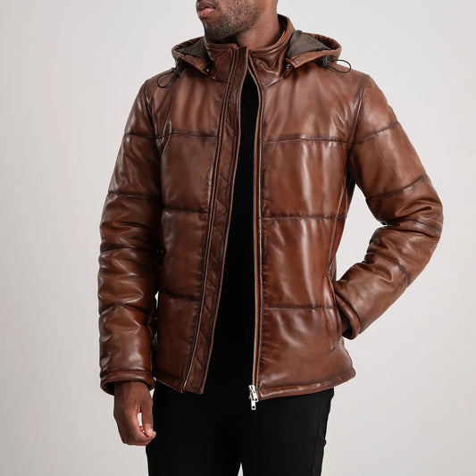 Men's Waxed Brown Hooded Cowhide Leather Puffer Jacket – Gordon Style