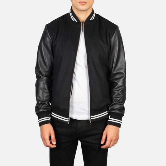 Men's Black Hybrid Cowhide Leather Varsity Jacket – Harrison Style