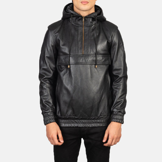 Men's Black Hooded Sheepskin Leather Pullover Jacket – Kenton Style