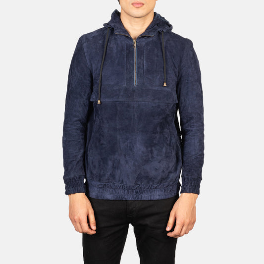 Men's Blue Sheepskin Suede Hooded Pullover Jacket – Kenton Style