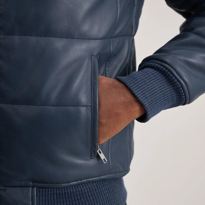 Lucas Blue Leather Puffer Bomber Jacket