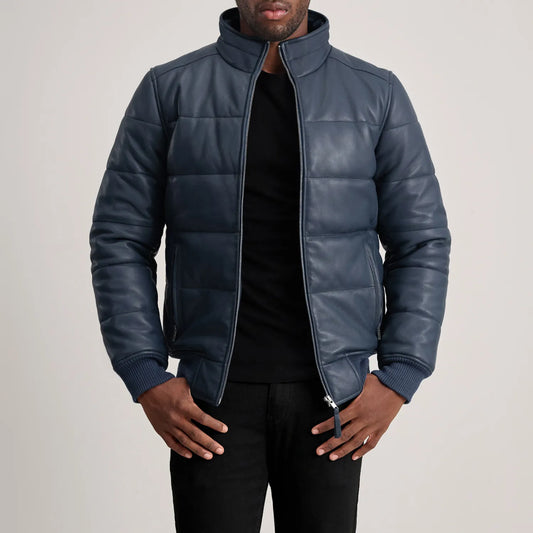 Men's Blue Cowhide Leather Puffer Bomber Jacket – Lucas Style