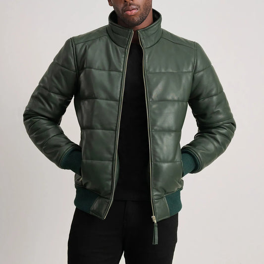 Men's Green Cowhide Leather Puffer Bomber Jacket – Lucas Style