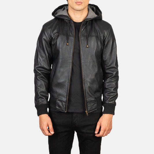 Men's Black Hooded Sheepskin Leather Bomber Jacket – Nintenzo Style