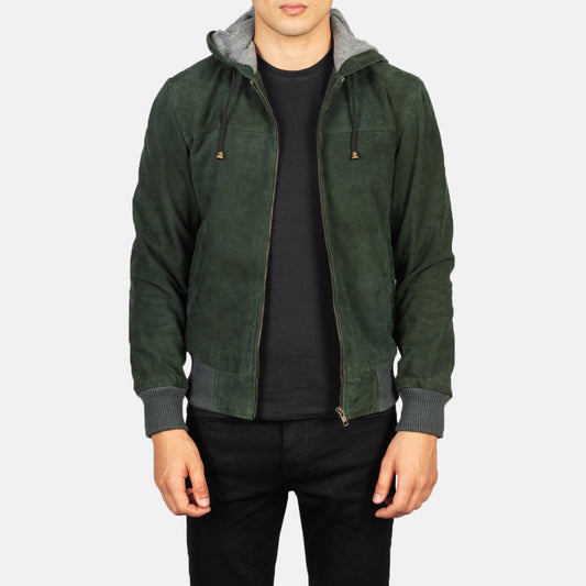 Men's Green Hooded Goatskin Suede Bomber Jacket – Nintenzo Style