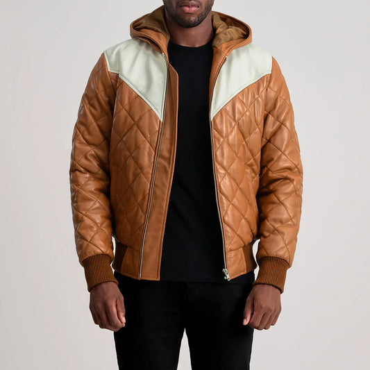 Men's Tan Hooded Cowhide Leather Puffer Bomber Jacket – Norman Style