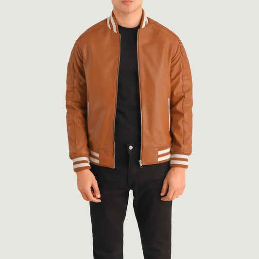 Men's Tan Brown Cowhide Suede Varsity Jacket – Pascal Style