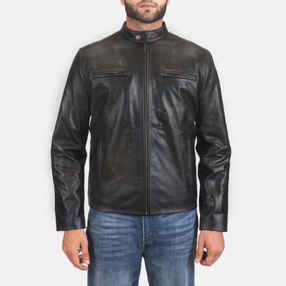 Rustic Black Leather Biker Jacket SH100