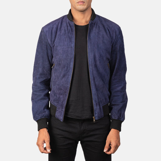 Men's Blue Sheepskin Suede Bomber Jacket – Shane Style
