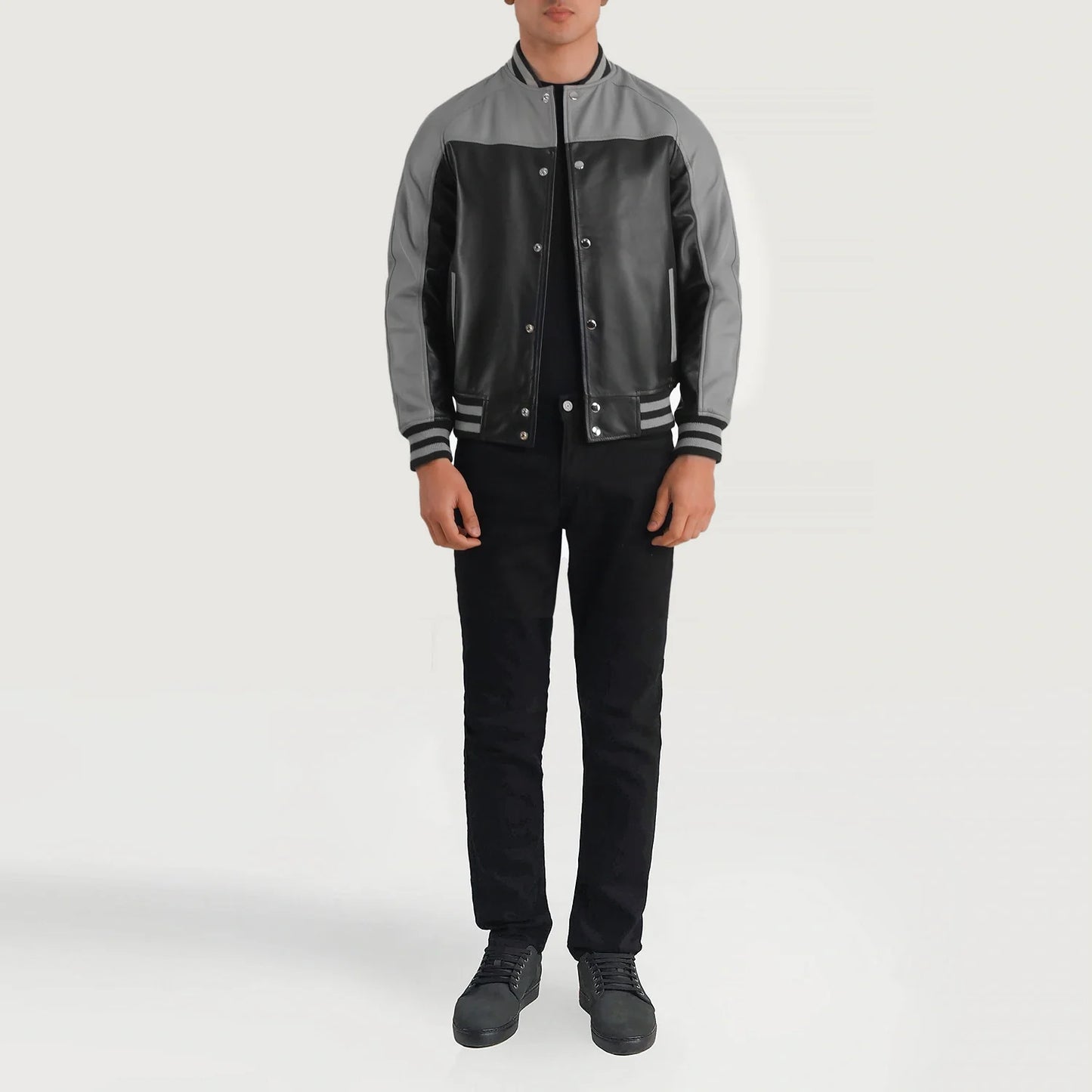 Terrance Black & Grey Leather Varsity Jacket SH68