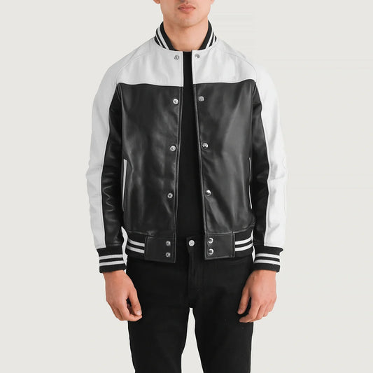 Men's Black & White Cowhide Leather Varsity Jacket – Terrance Style