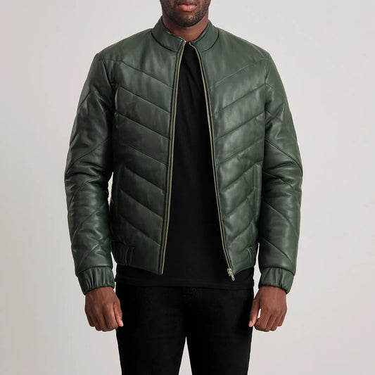 Men's Green Cowhide Leather Puffer Jacket – Travis Style