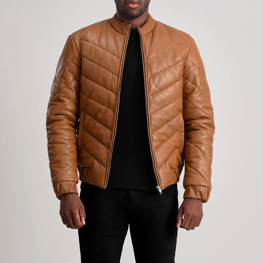 Men's Tan Cowhide Leather Puffer Jacket – Travis Style