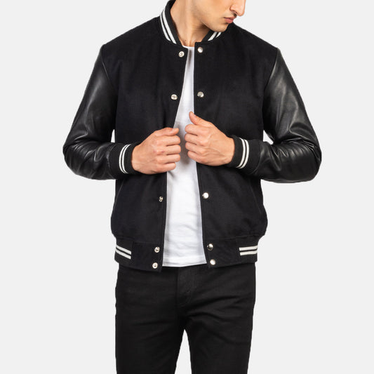Men's Black Striped Hybrid Sheepskin Leather Varsity Jacket – Vaxton Style