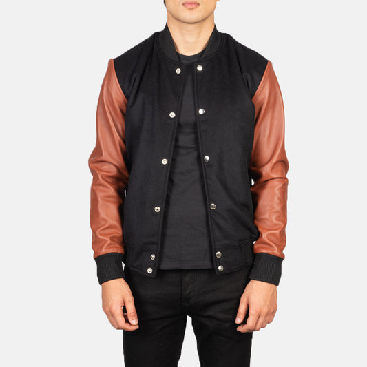 Vaxton Brown & Black Hybrid Varsity Jacket SH45