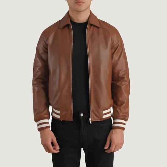 Men's Brown Sheepskin Leather Varsity Jacket – Walton Style
