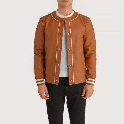 Willis Tan Brown Leather Varsity Jacket SH23