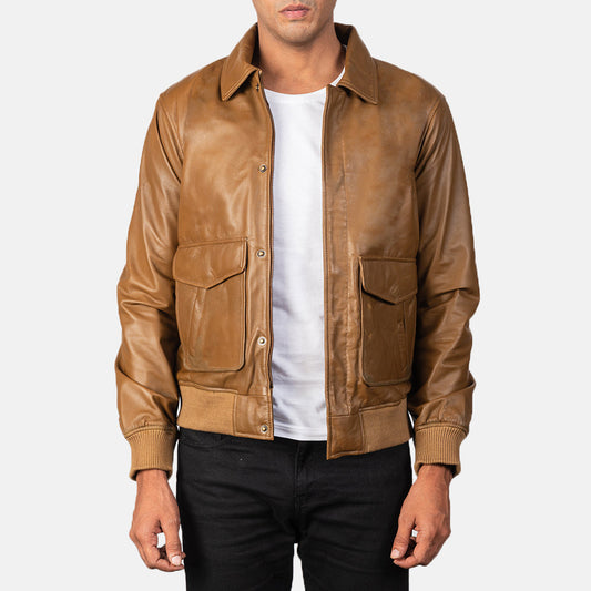 Men's Olive Brown Sheepskin Leather Bomber Jacket – Coffmen A2 Style