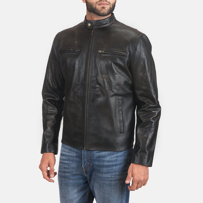 Rustic Black Leather Biker Jacket SH100