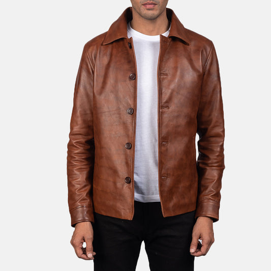 Men's Brown Sheepskin Leather Jacket – Waffle Quilted Design
