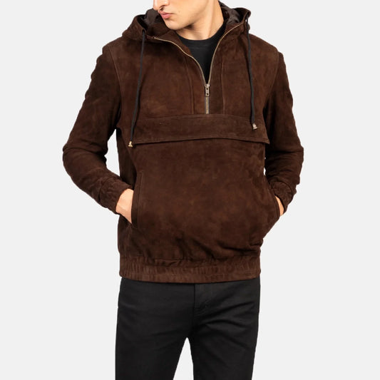 Men's Mocha Goatskin Suede Hooded Pullover Jacket – Kenton Style