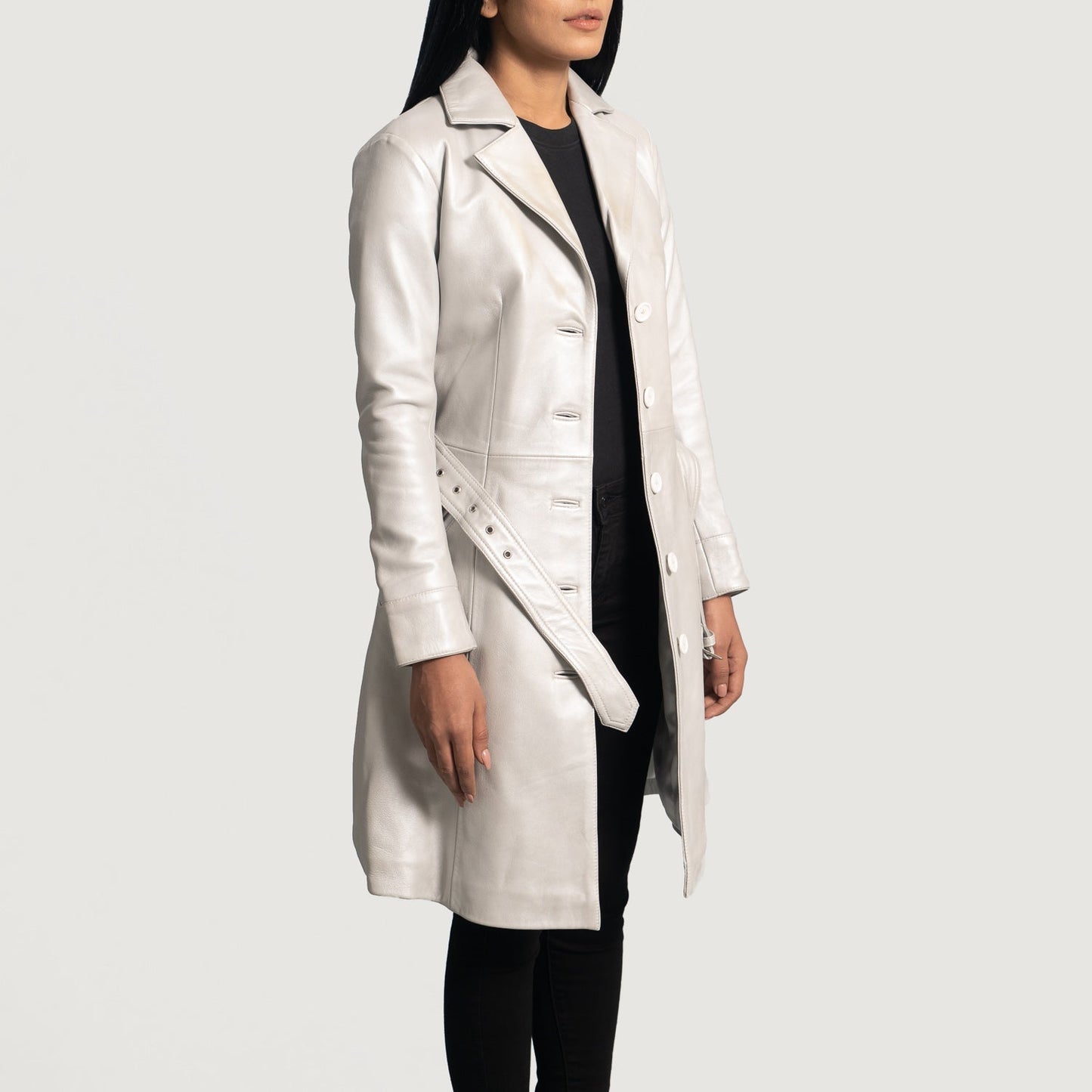 Moonlight Silver Leather Trench Coat SH578